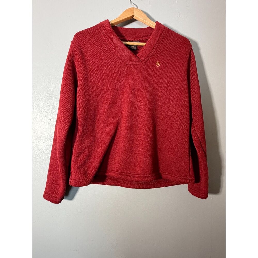 Ariat Sweater Large Red V Neck Pullover Western Logo Cozy Knit Top